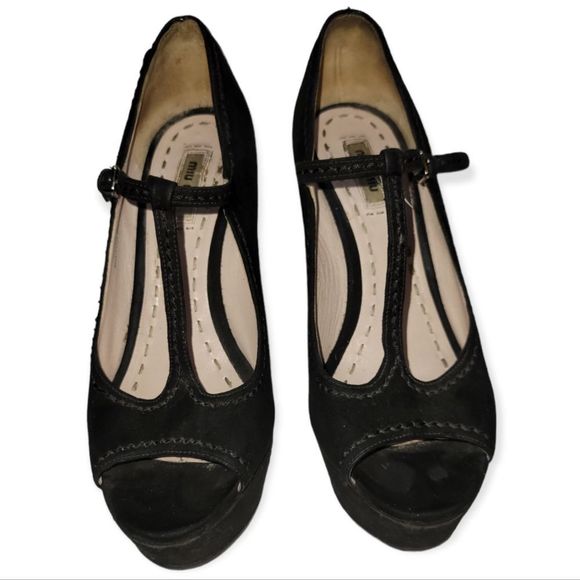 Miu Miu T-strap Open Toe Platform Wedge Heels Size 7 1/2 - Picture 2 of 9